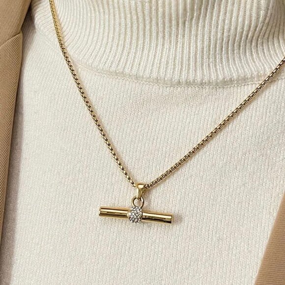 New Bar Pendant Necklace 18K Gold Plated Rhinestone Contemporary Minimalist - Picture 2 of 11